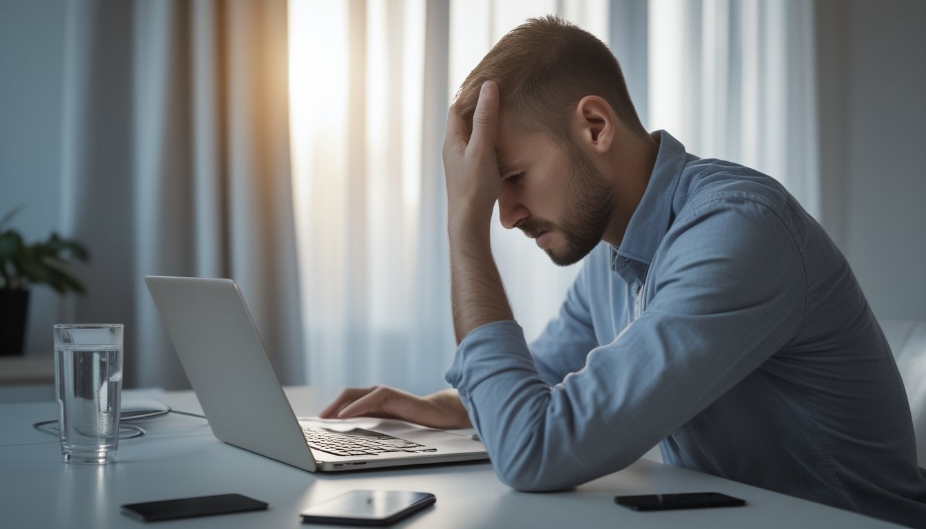 Orang dewasa duduk tegang di depan laptop setelah mengalami tekanan emosional.