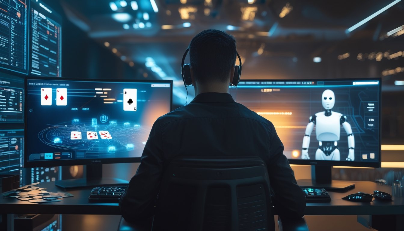 Orang dewasa bermain poker online melawan avatar AI holografis di depan komputer.
