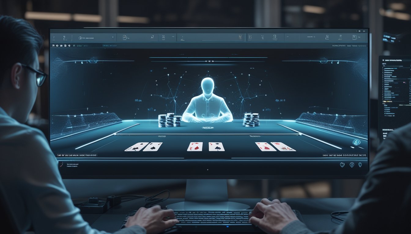 Pemain berinteraksi dengan lawan AI holografis di meja poker digital.