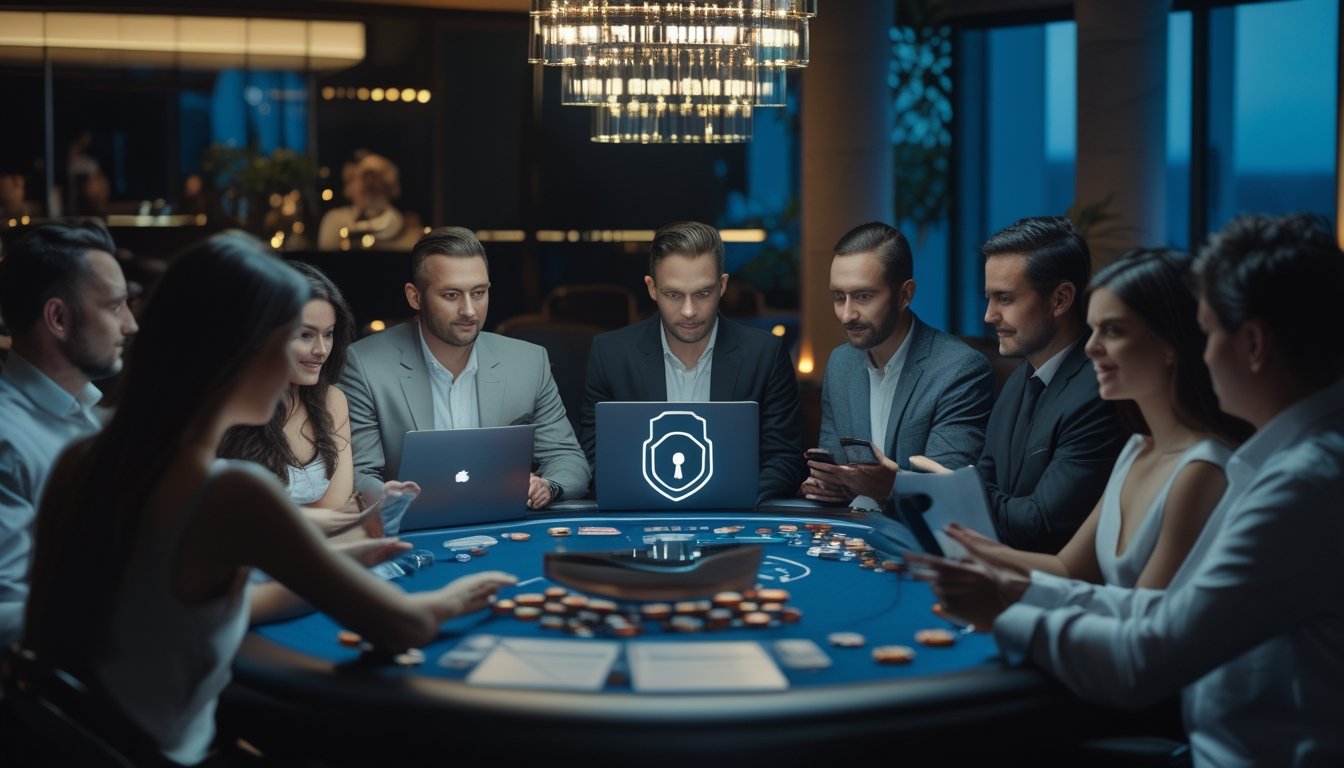 Sekelompok orang dewasa meninjau komunitas poker online yang aman di ruang modern dengan simbol kunci dan perlindungan privasi.