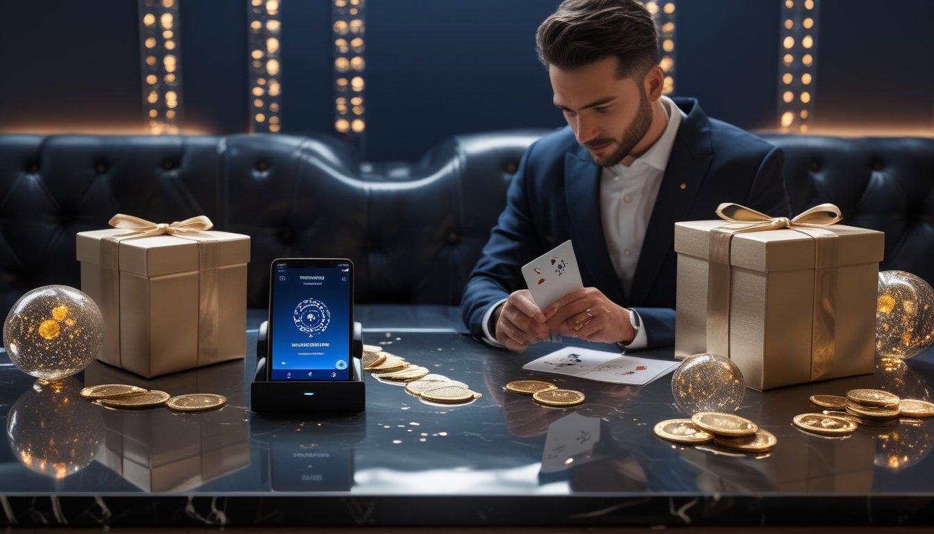 Seorang tamu menikmati suasana lounge VIP mewah dengan aksen emas, hadiah, dan layanan concierge.