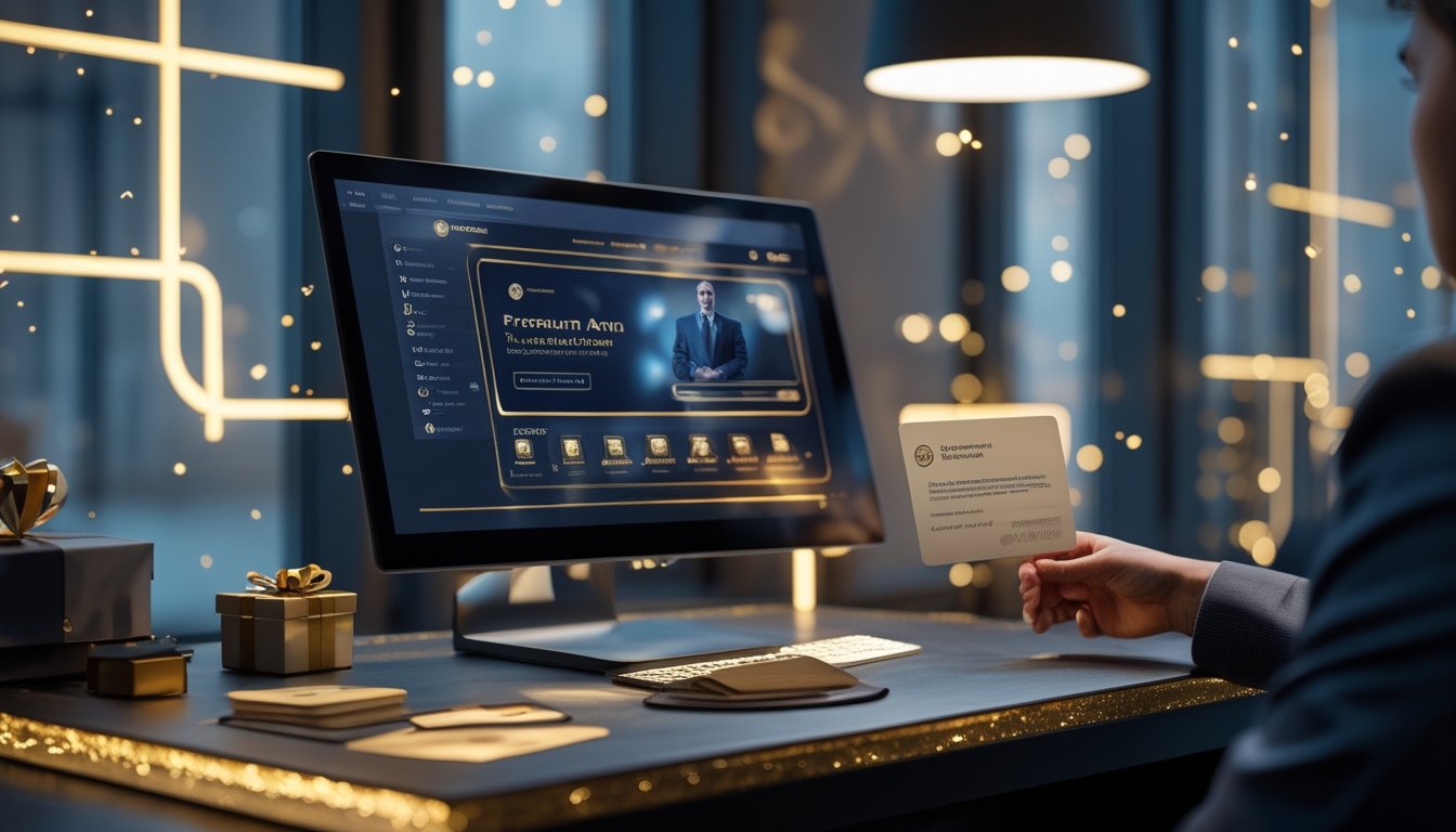 Seorang profesional meninjau keanggotaan premium di ruang kerja elegan dengan laptop, kartu keanggotaan, dan kotak hadiah.