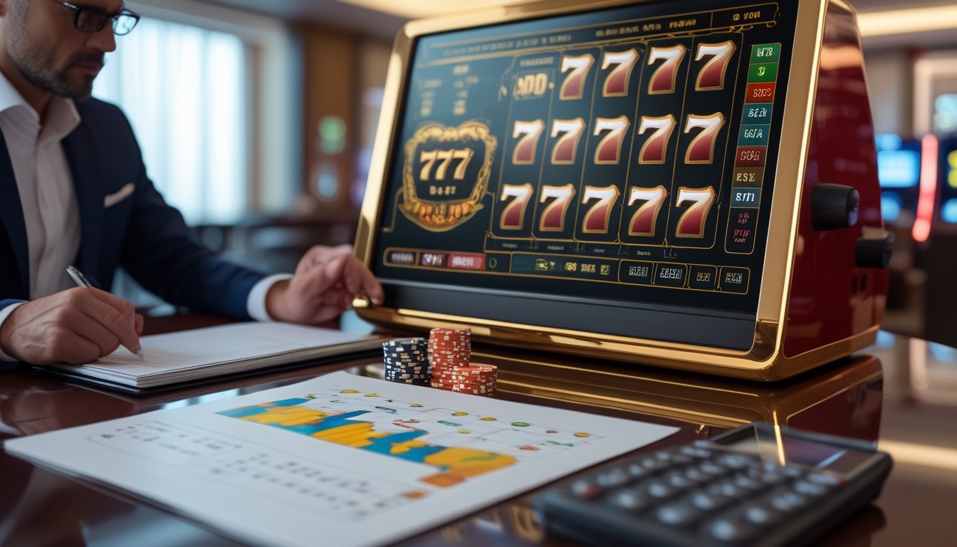 Seorang analis memeriksa grafik dan perlengkapan di samping mesin slot modern dalam suasana kasino.