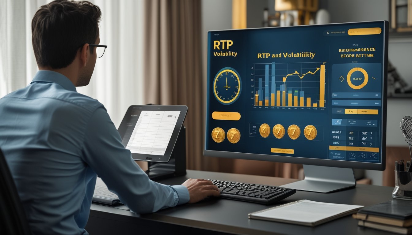 Seseorang menganalisis grafik dan data permainan slot pada monitor di ruang kerja modern.