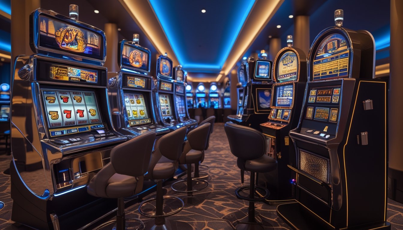 Dua mesin slot, satu bergaya modern dan satu bergaya klasik, berdiri berdampingan di dalam kasino.