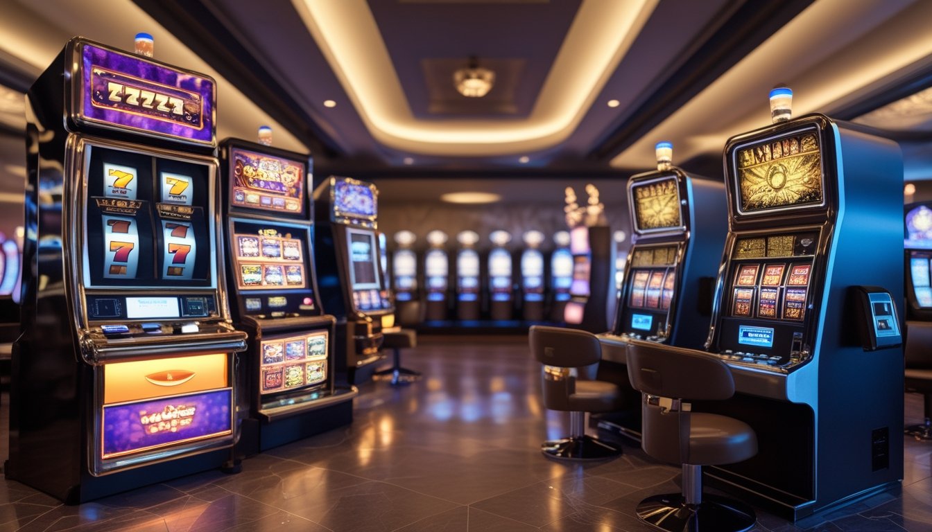 Dua mesin slot berdampingan, satu bergaya modern dan satu bergaya klasik, di dalam ruang kasino.