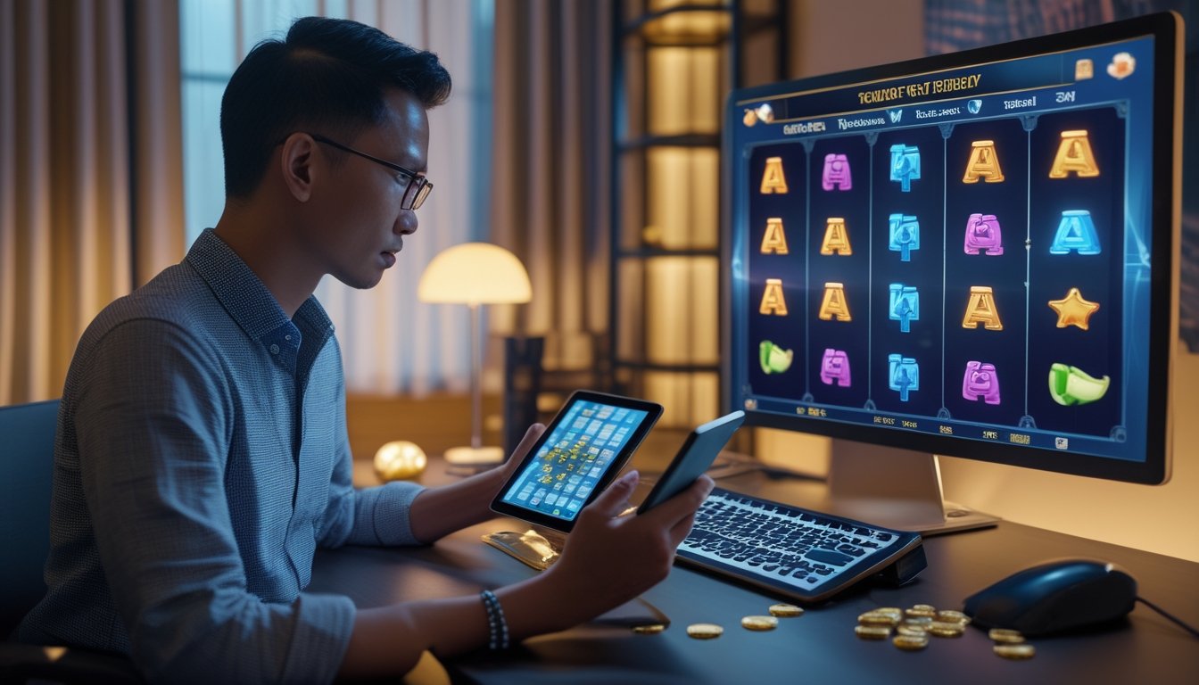 Seorang pemain mempelajari simbol permainan slot di meja kerja dengan tablet, laptop, kalkulator, dan beberapa koin.