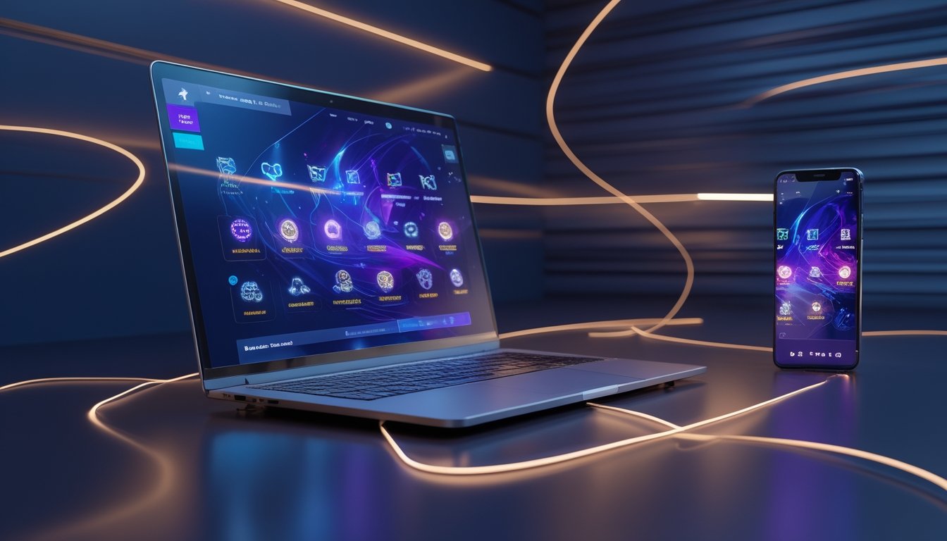 Laptop dan ponsel menampilkan antarmuka digital abstrak dengan cahaya biru dan ungu di ruang kerja modern.