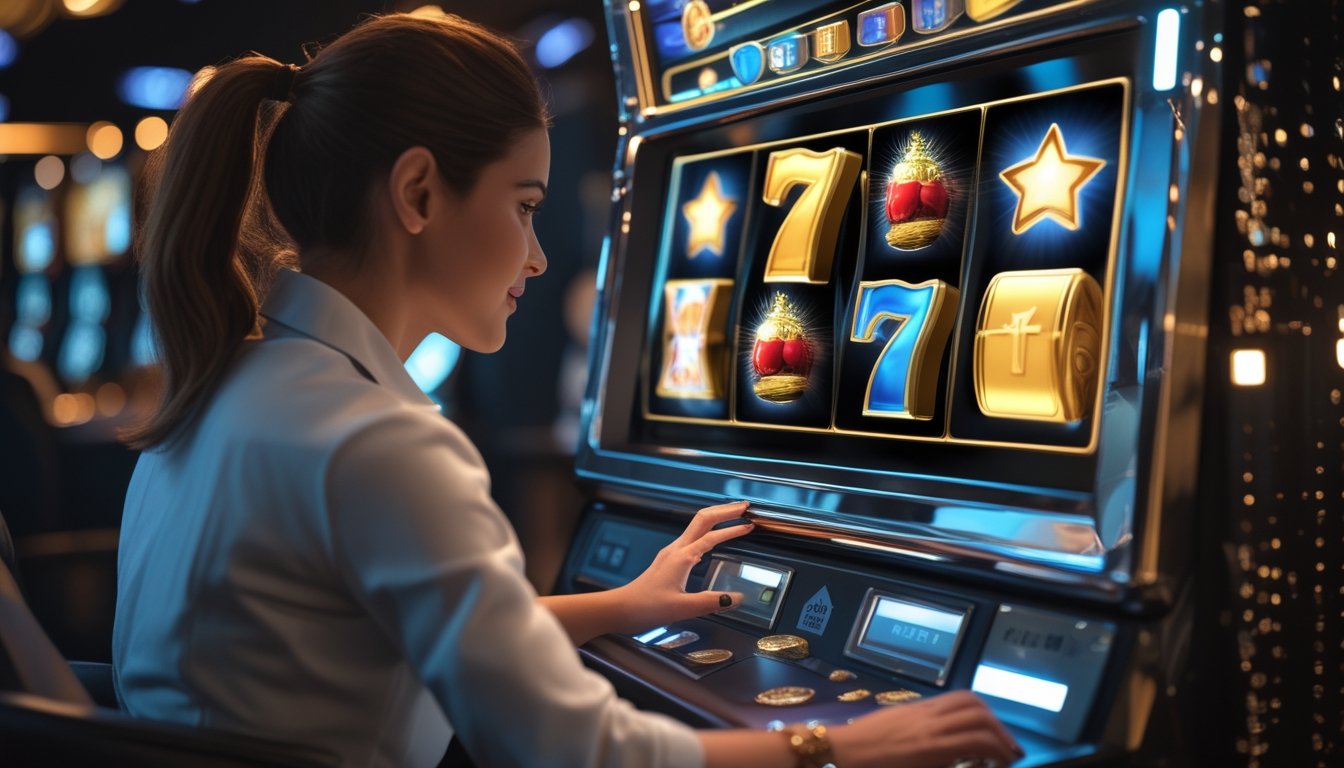Seorang pemain duduk di depan mesin slot bercahaya dalam suasana kasino mewah dengan koin dan cahaya kemenangan.