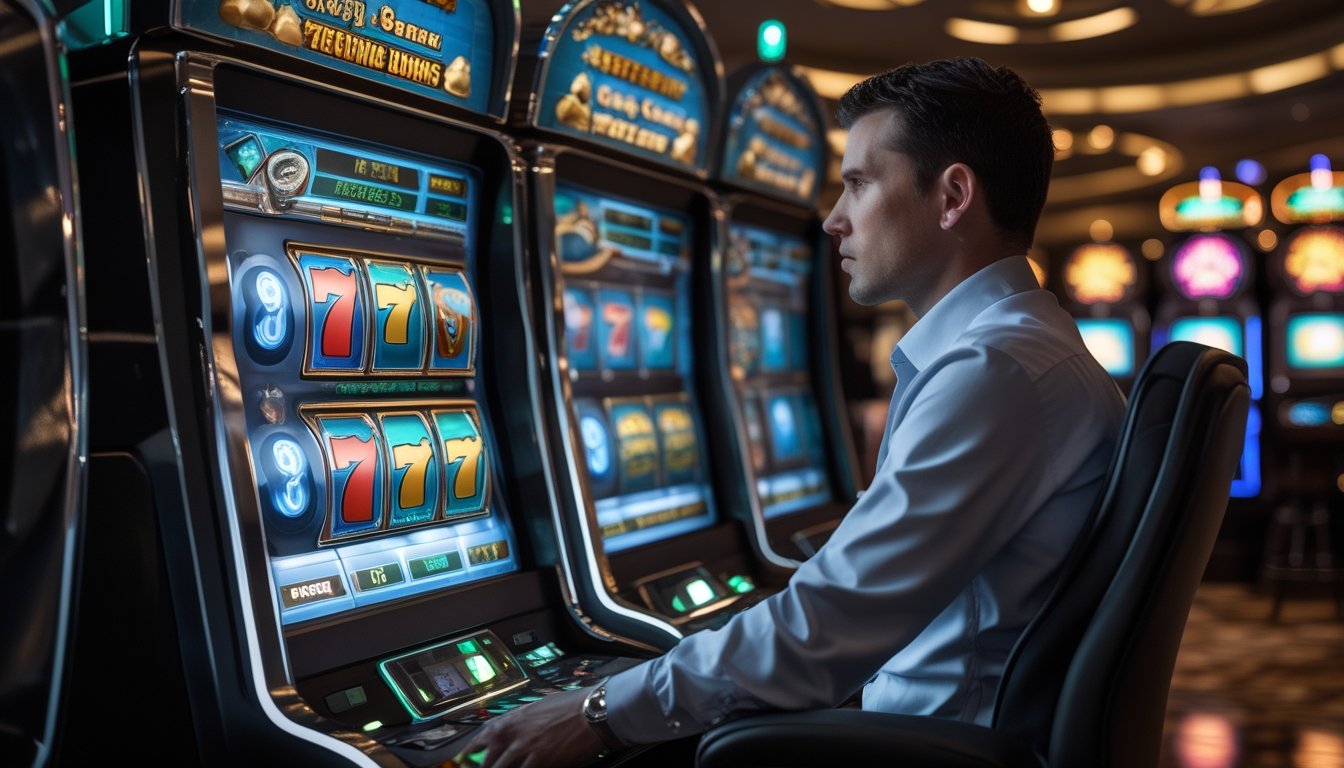 Seorang pemain mengamati mesin slot bercahaya dengan simbol bonus dan efek putaran di suasana kasino modern.