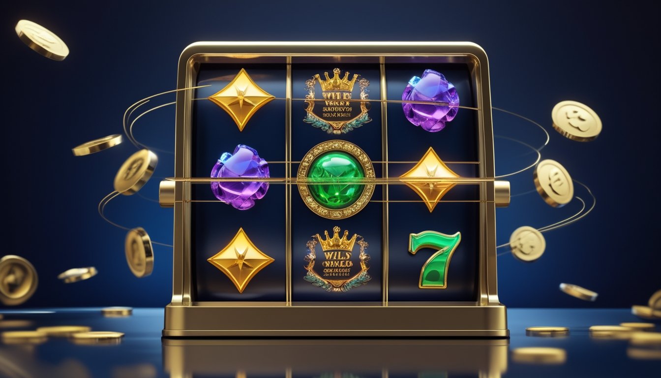 Mesin slot mewah dengan gulungan simbol bercahaya dan efek visual yang menggambarkan putaran gratis serta simbol wild.
