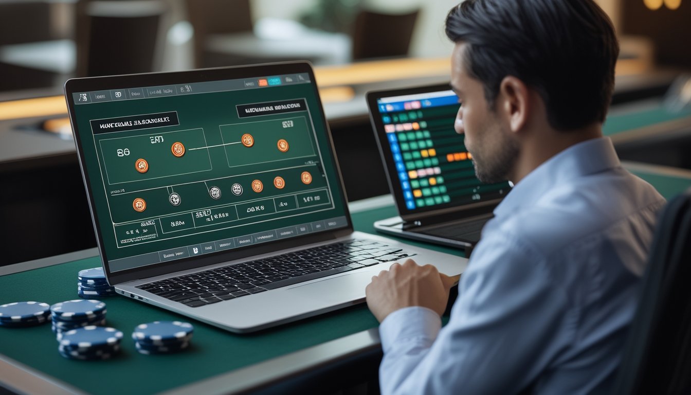 Seseorang menganalisis permainan blackjack daring dengan kartu dan tumpukan chip yang meningkat di atas meja.