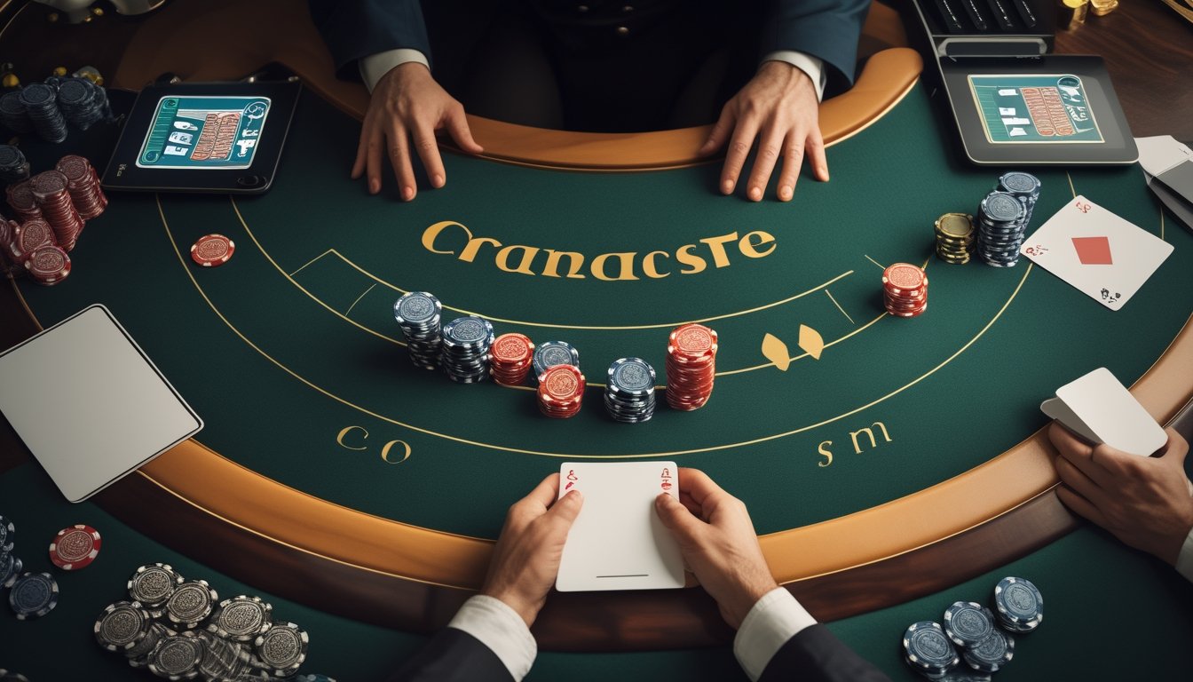 Meja blackjack dengan kartu, tumpukan keping taruhan bertahap, dan perangkat yang menampilkan permainan blackjack.