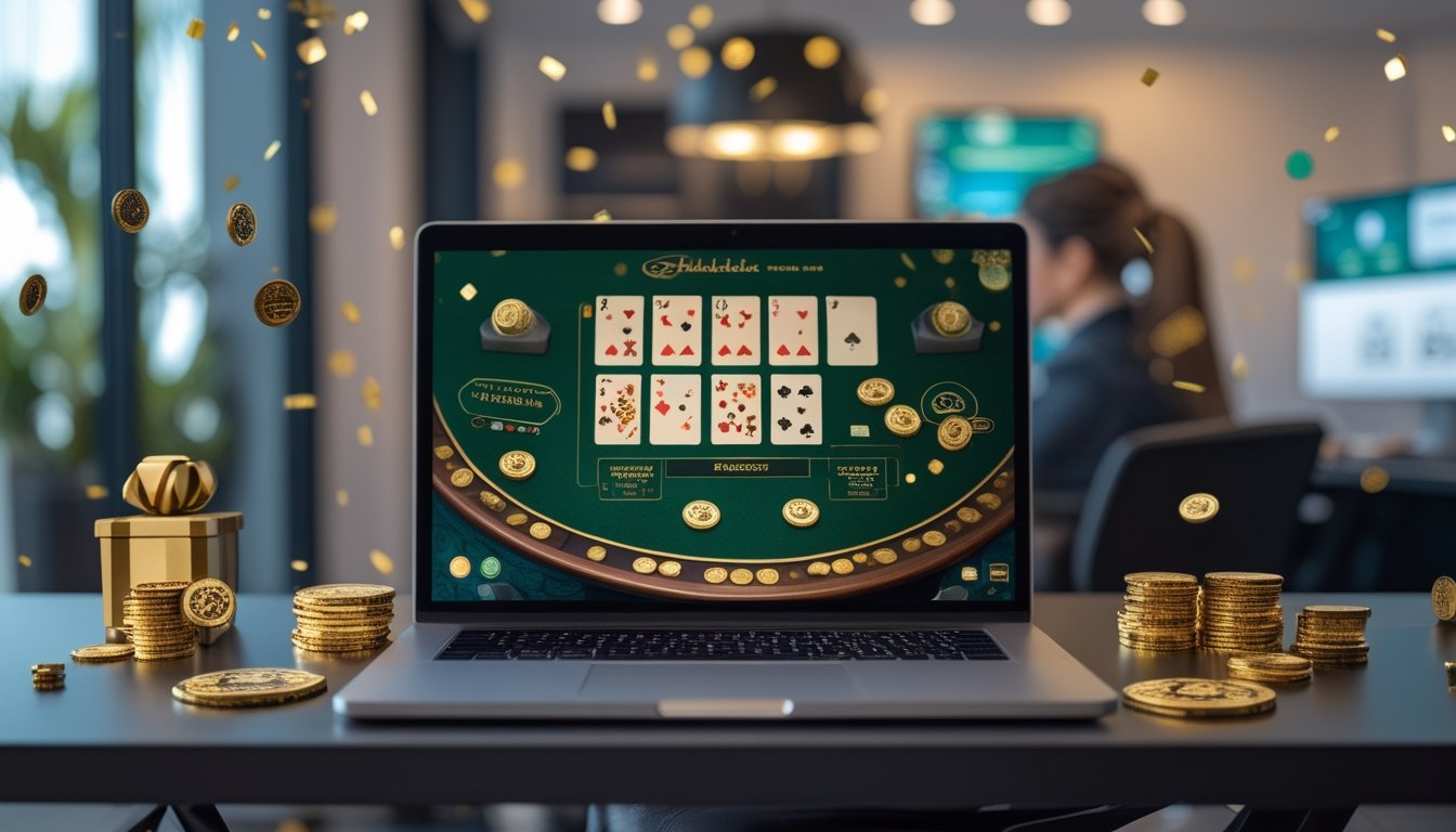 Orang dewasa melihat permainan blackjack online dengan kartu, chip bonus, dan hadiah promosi di meja kerja.