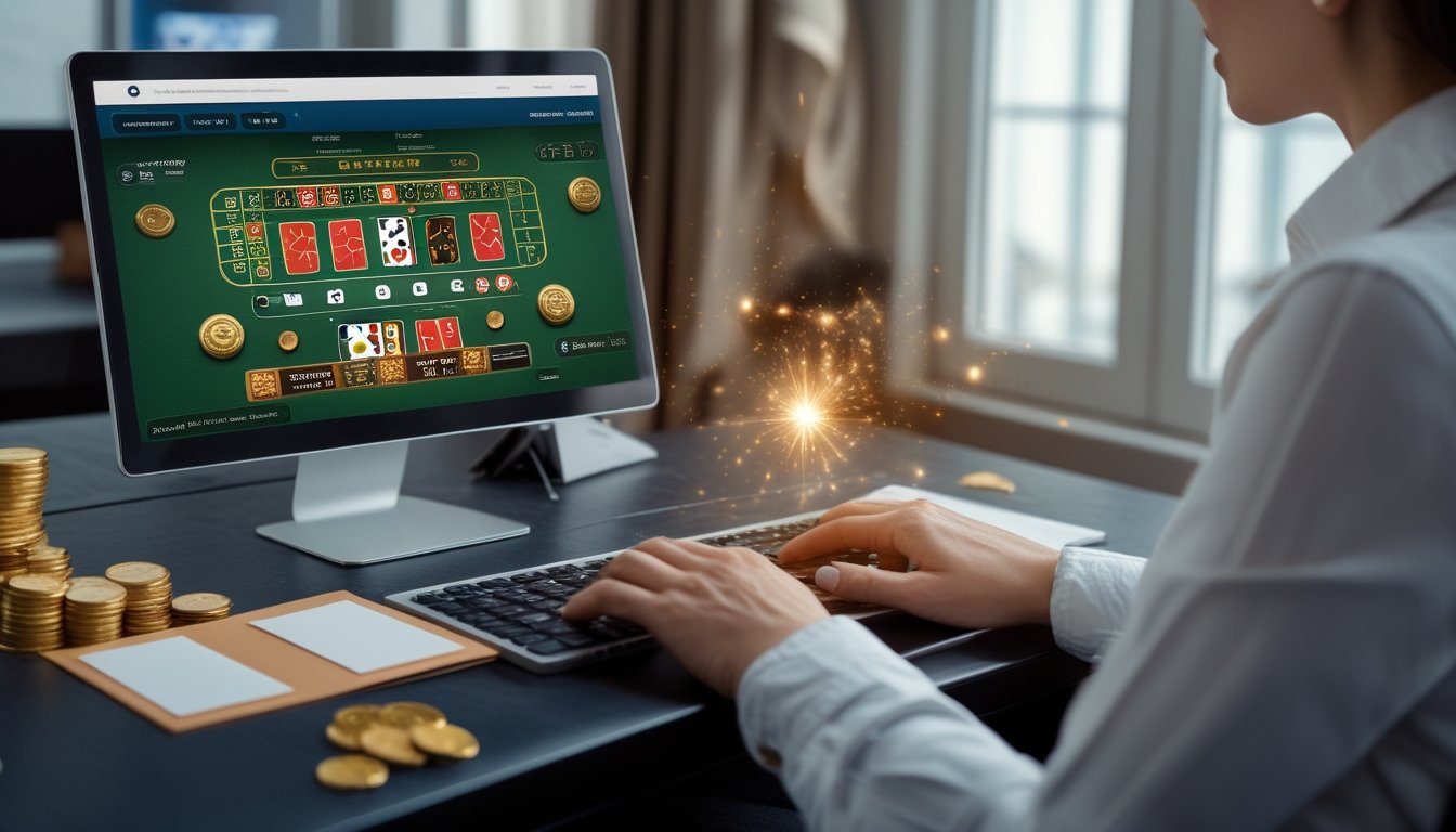 Seseorang menggunakan laptop dengan tampilan permainan blackjack dan elemen promosi di meja kerja.
