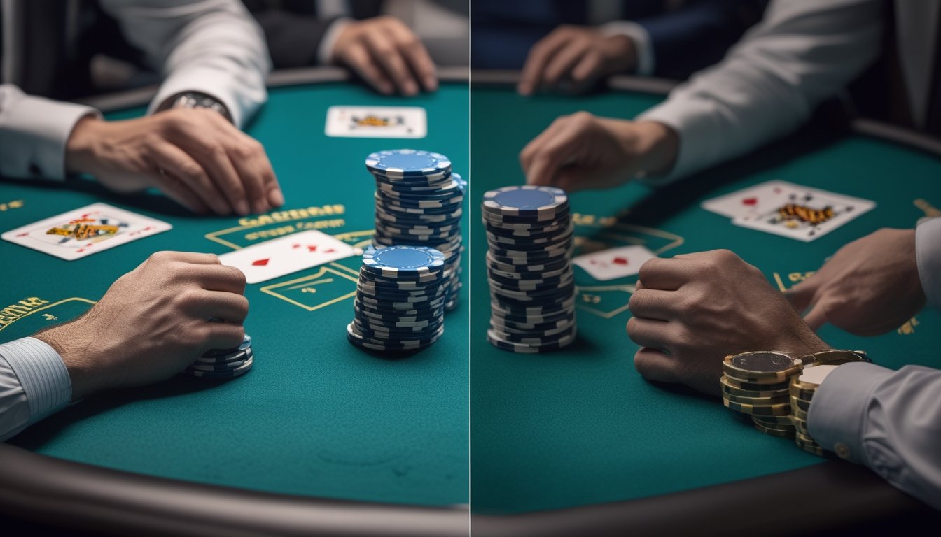 Dua meja blackjack online menampilkan perbedaan posisi kartu dealer dalam aturan Amerika dan Eropa.