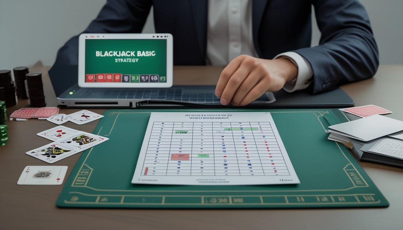 Seseorang mempelajari strategi dasar blackjack melalui laptop dengan kartu blackjack, keping kasino, dan bagan berwarna di atas meja.