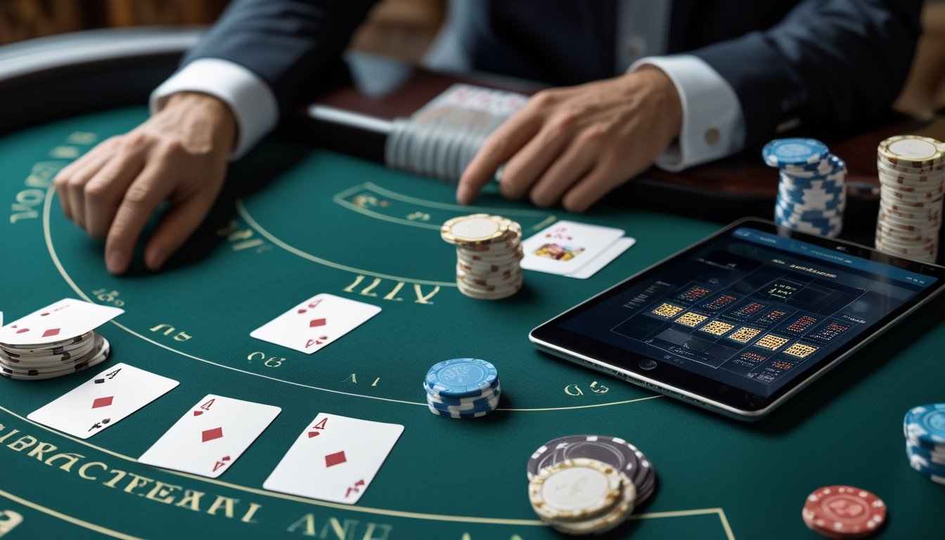Meja blackjack dengan kartu, keping kasino, dan tablet yang menampilkan tampilan tabel strategi.