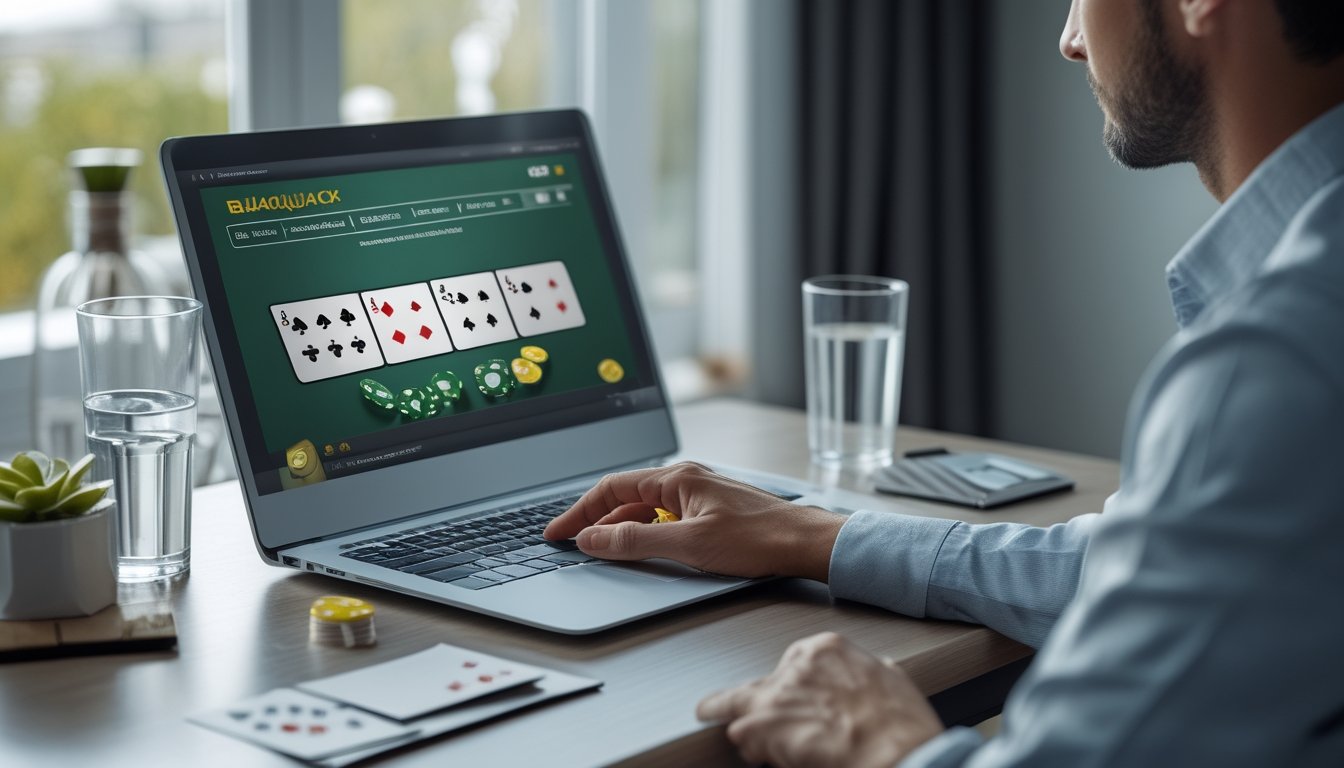 Seseorang yang tenang mempelajari permainan blackjack daring di laptop dengan catatan, kalkulator, dan keping taruhan di meja.