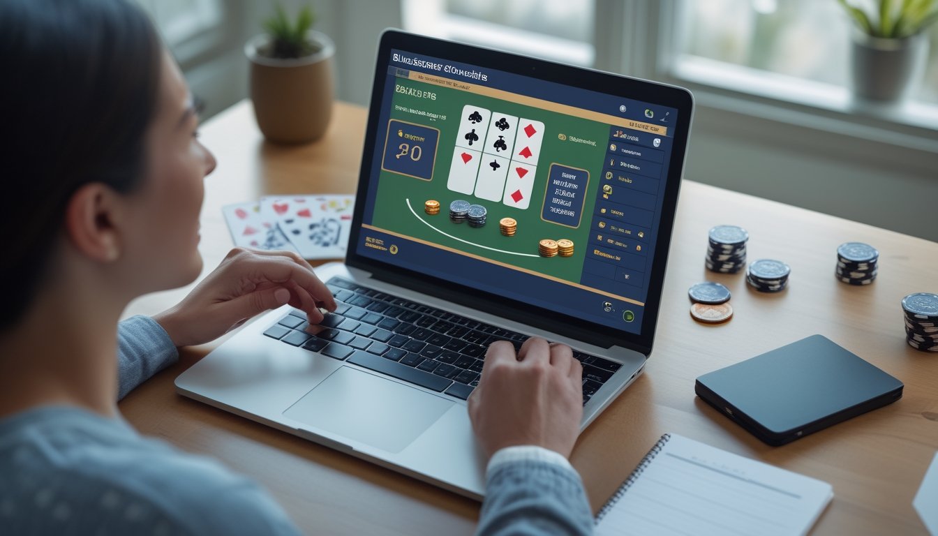 Seseorang meninjau permainan blackjack online dengan tenang di meja kerja, ditemani kartu, chip, dan kalkulator.
