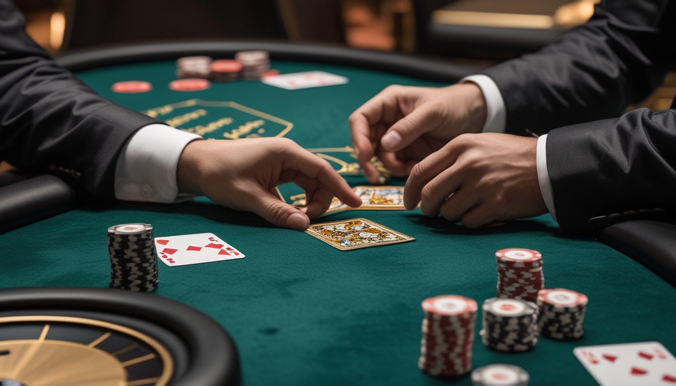 Meja blackjack dengan kartu dan keping taruhan yang menggambarkan pertimbangan risiko dan perlindungan.