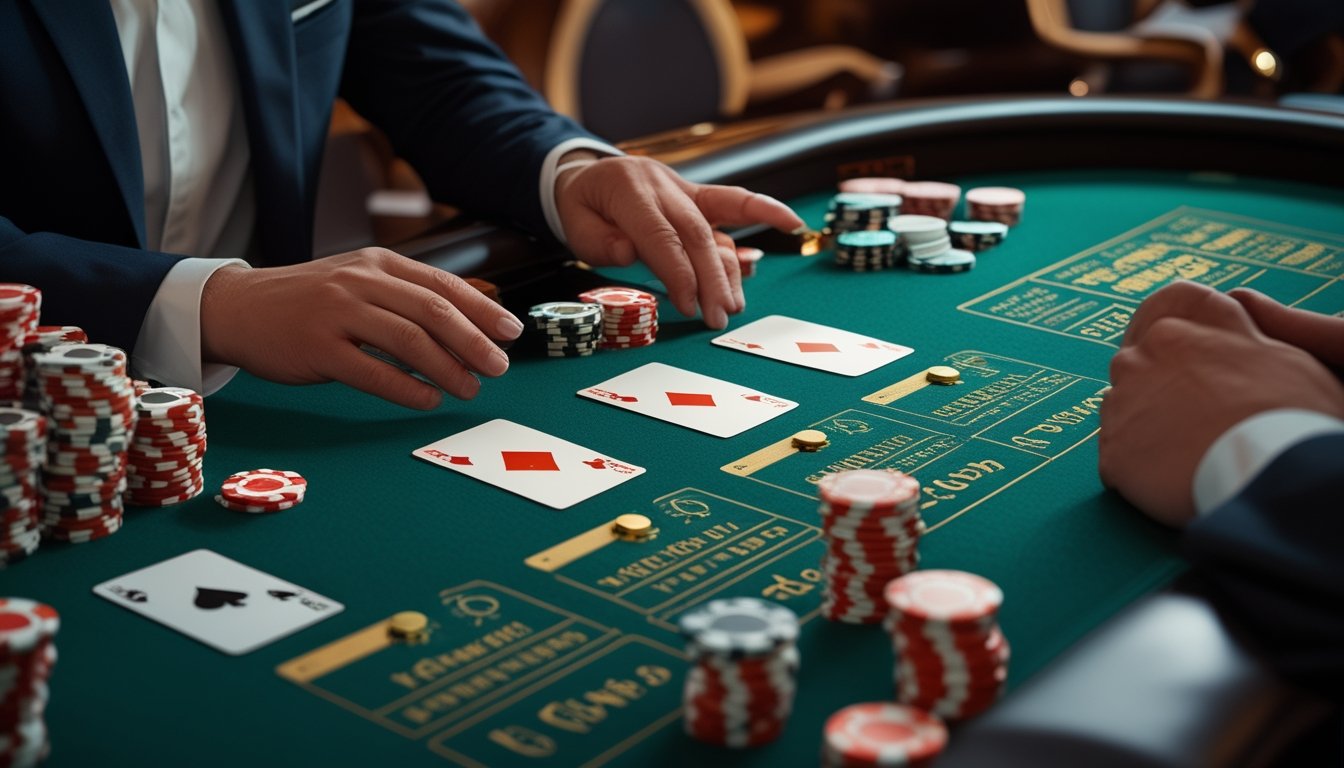 Meja blackjack dengan kartu, keping taruhan, dan simbol perlindungan yang menggambarkan pilihan insurance.