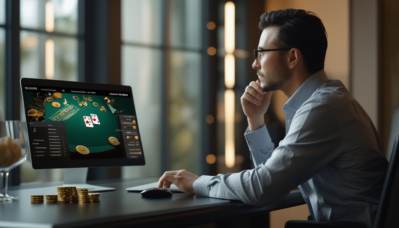 Seseorang memilih meja blackjack daring di depan komputer dengan kartu dan keping taruhan di atas meja.