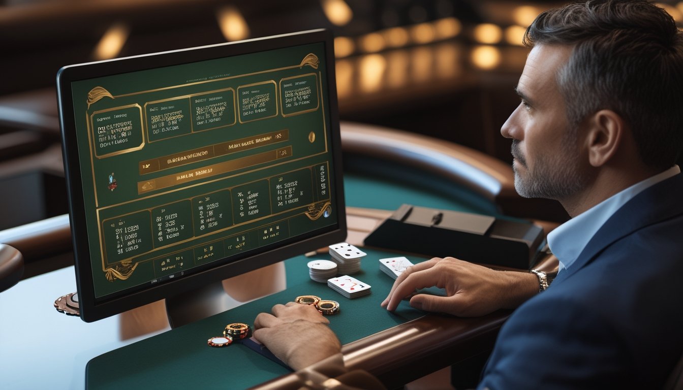 Seseorang membandingkan beberapa meja blackjack daring dengan kartu dan tumpukan chip di depan layar komputer.