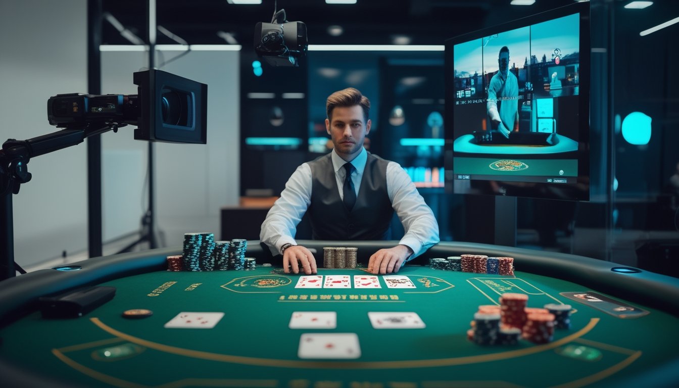 Dealer blackjack bermain di studio modern dengan kamera siaran dan tampilan video langsung beresolusi tinggi.