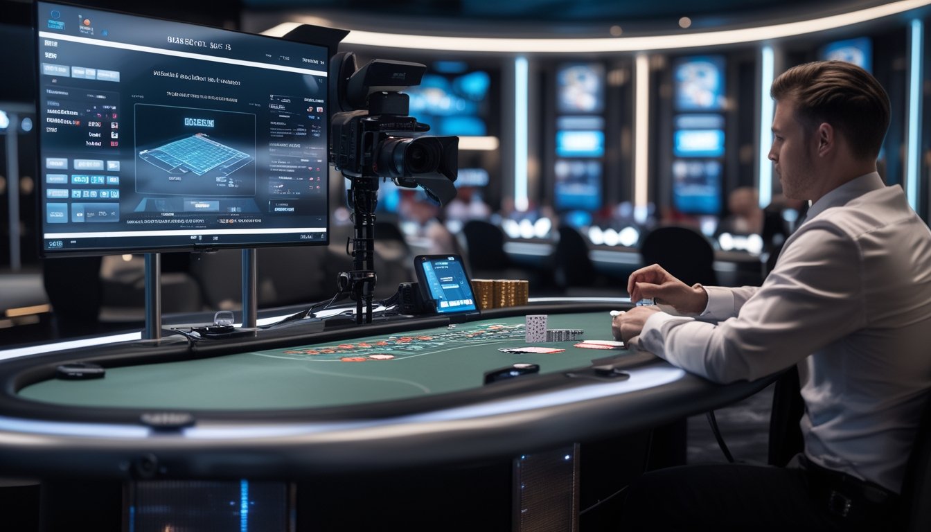 Dealer blackjack di studio kasino modern sedang menyiarkan permainan secara langsung dengan kamera dan teknologi digital.