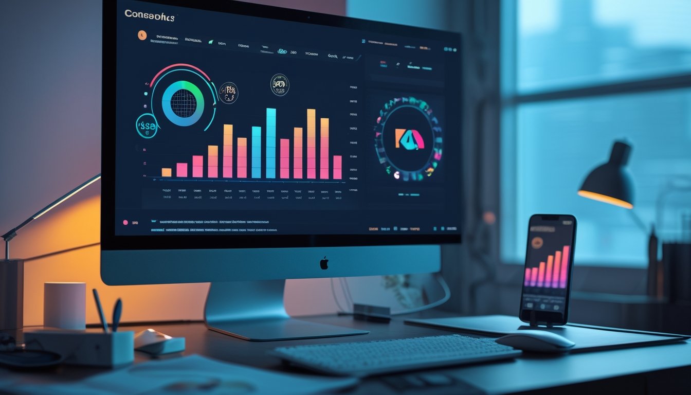 Meja kerja modern dengan monitor dan ponsel yang menampilkan grafik analitik abstrak tanpa tulisan.