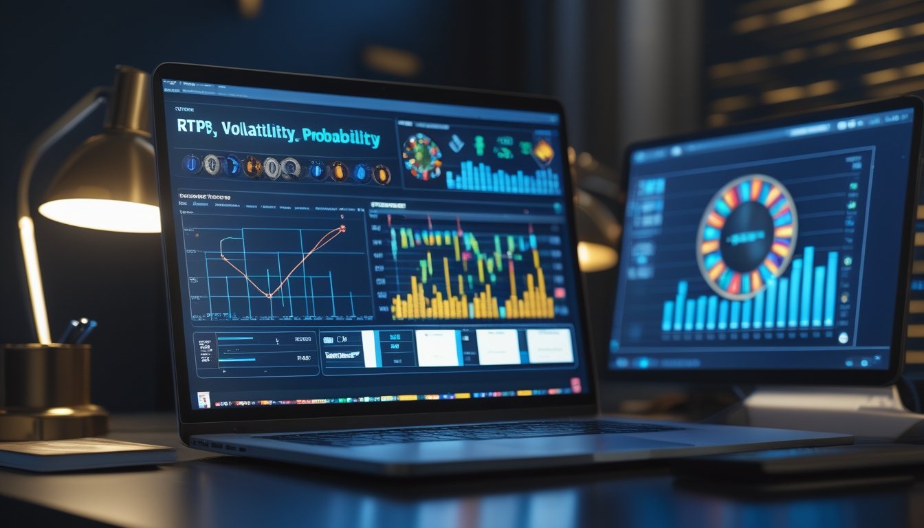 Laptop dan monitor menampilkan grafik analisis probabilitas permainan di meja kerja modern.
