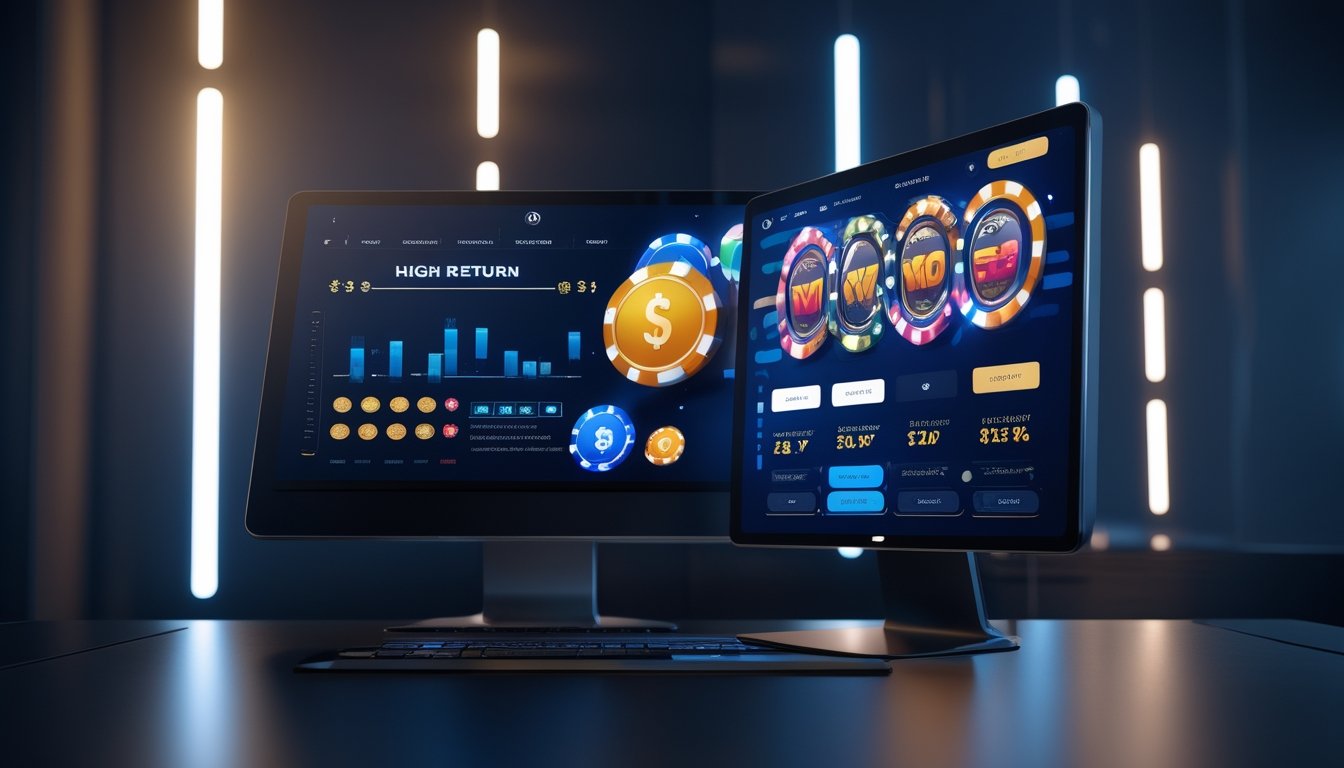Monitor dan ponsel menampilkan permainan slot digital dengan grafik tren meningkat dalam suasana studio modern.