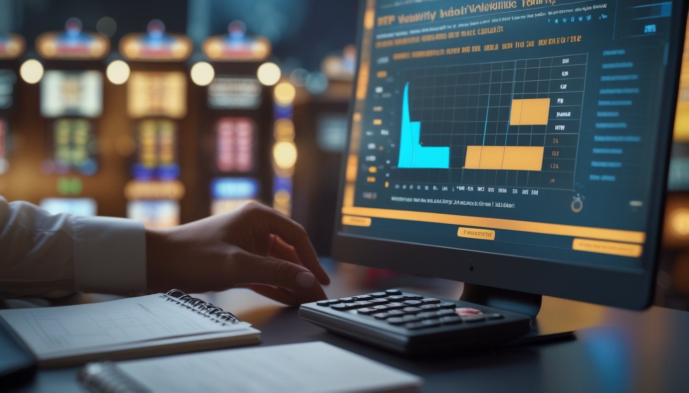 Seorang analis meninjau grafik statistik dan visualisasi probabilitas di ruang kerja dengan latar mesin slot yang samar.