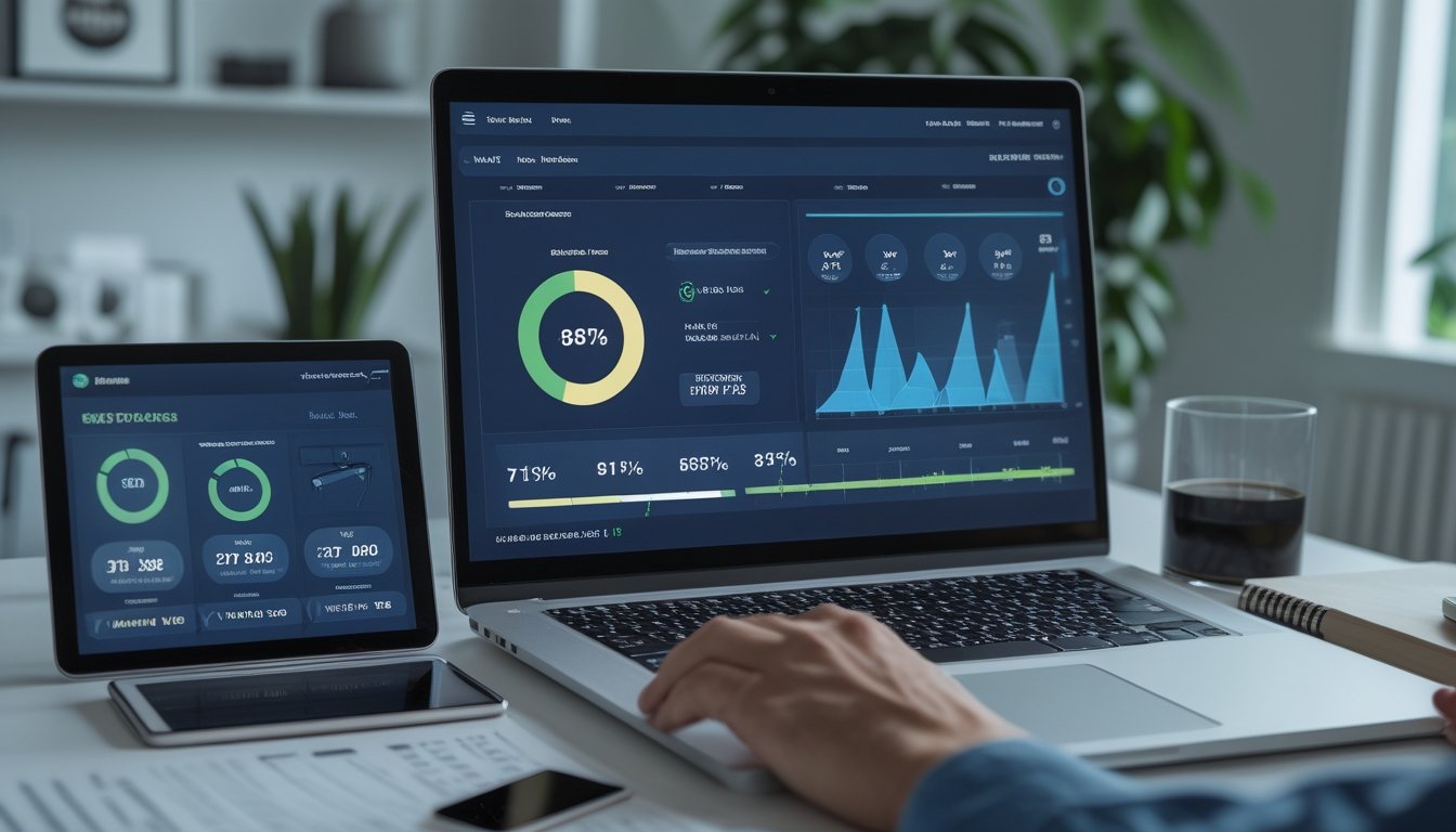 Seorang dewasa memeriksa data RTP permainan slot melalui laptop dan ponsel sebelum bermain.