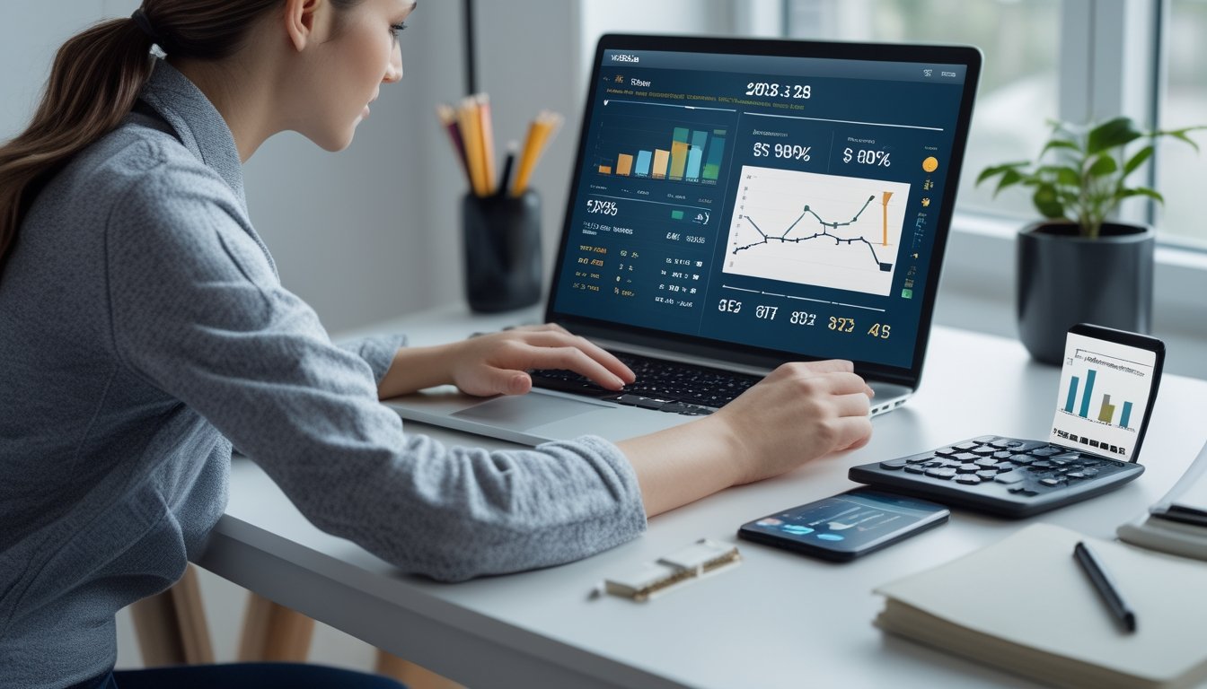 Seseorang memeriksa data analisis permainan slot pada laptop di ruang kerja modern.