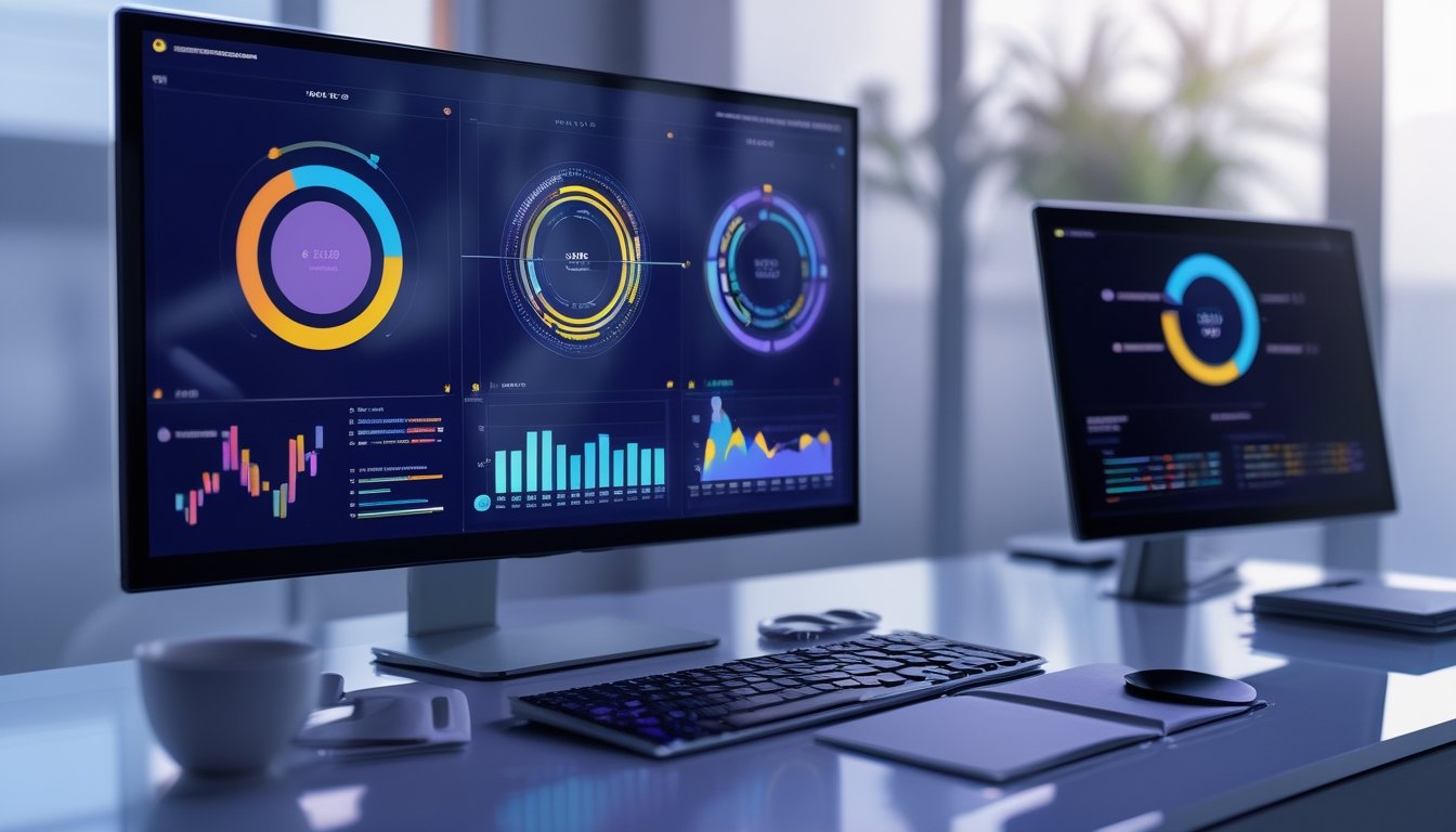 Meja kerja modern dengan monitor dan ponsel yang menampilkan grafik analitik abstrak.