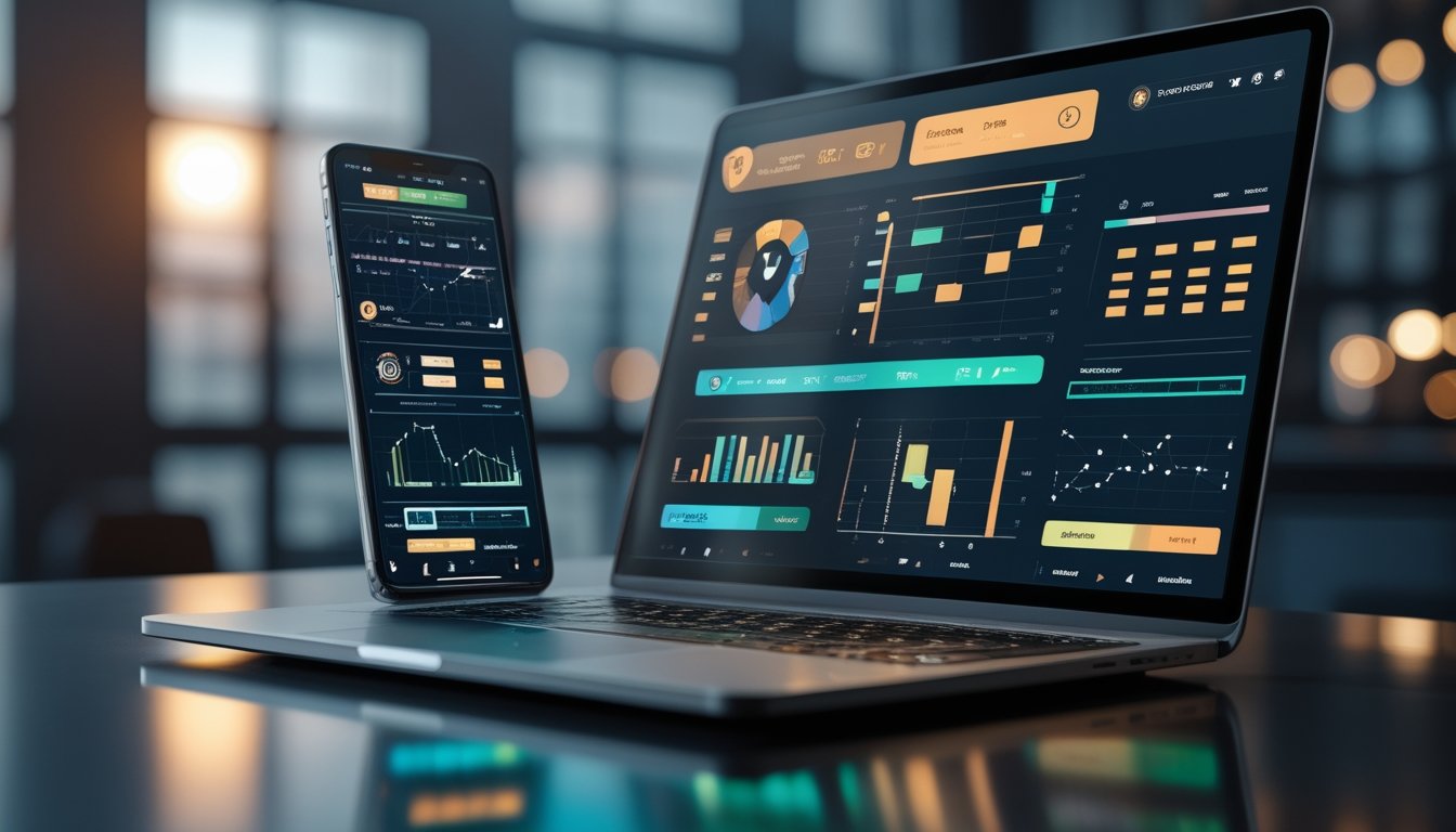 Laptop dan ponsel menampilkan grafik analisis serta gulungan permainan slot abstrak di meja kerja modern.