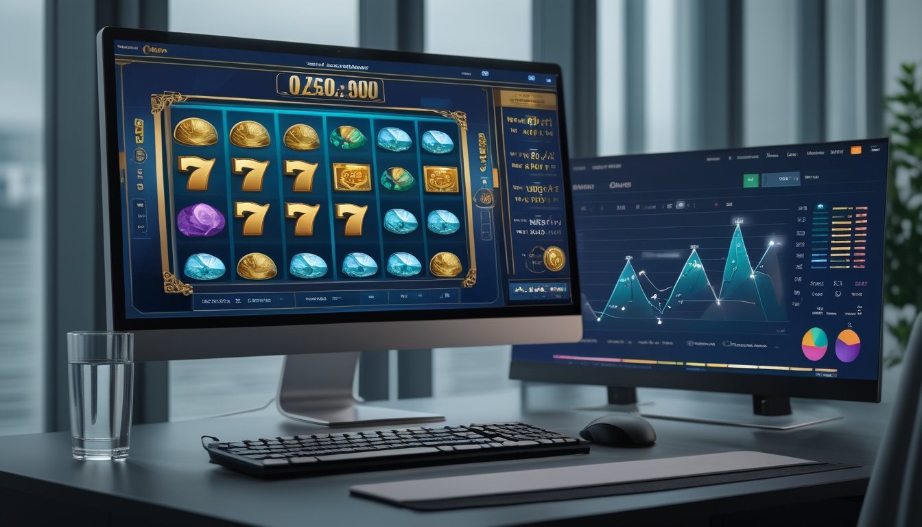 Monitor menampilkan permainan slot digital abstrak dan grafik analitik di meja kerja modern.