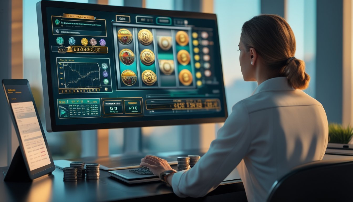 Seorang analis meninjau data permainan slot dan grafik stabil di ruang kerja modern.
