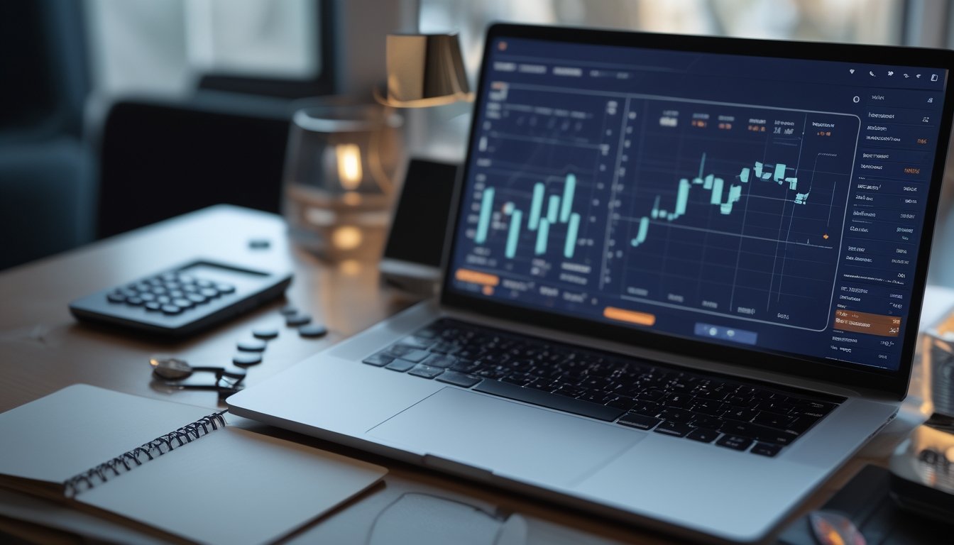 Laptop dan ponsel menampilkan grafik analisis persentase di atas meja bersama kalkulator, buku catatan kosong, kartu, dan keping poker.