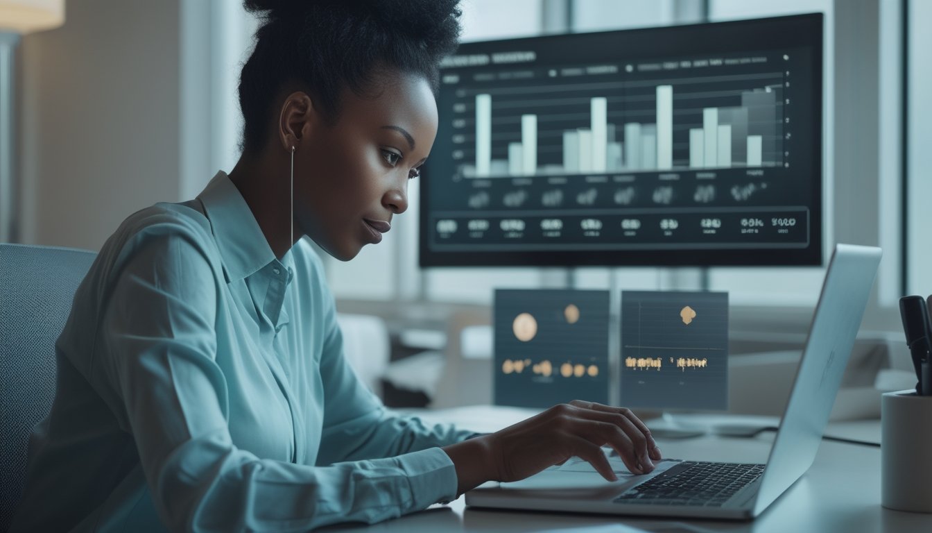 Seorang analis mempelajari grafik probabilitas abstrak di laptop dalam suasana kantor modern.