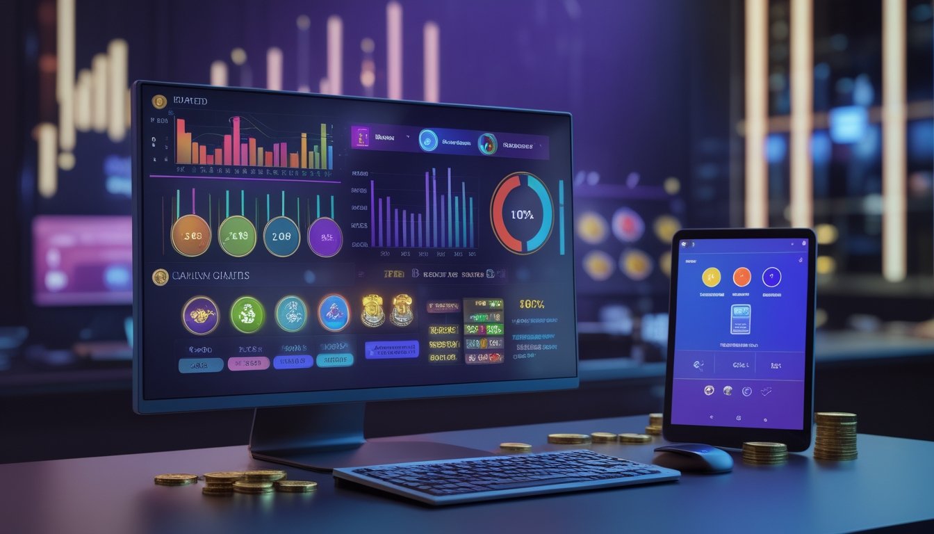 Monitor dan perangkat seluler menampilkan grafik analitik abstrak bertema permainan slot dengan koin di meja kerja modern.