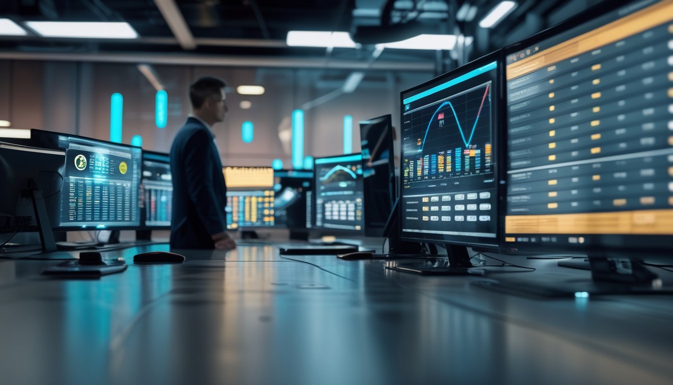 Analis sedang mempelajari grafik statistik abstrak pada beberapa layar di ruang kerja digital.