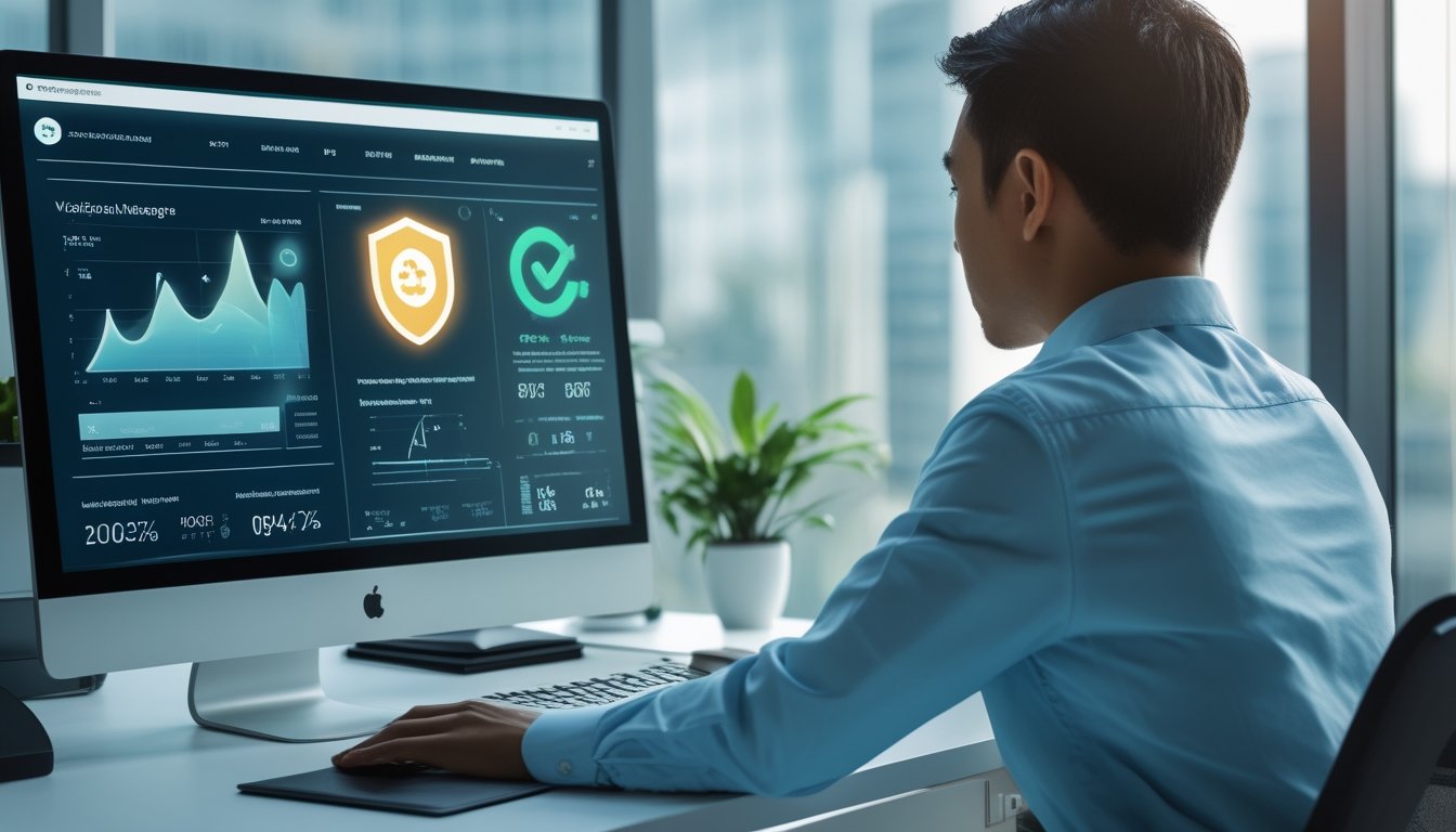 Seorang profesional memantau dasbor data waktu nyata di ruang kerja modern.