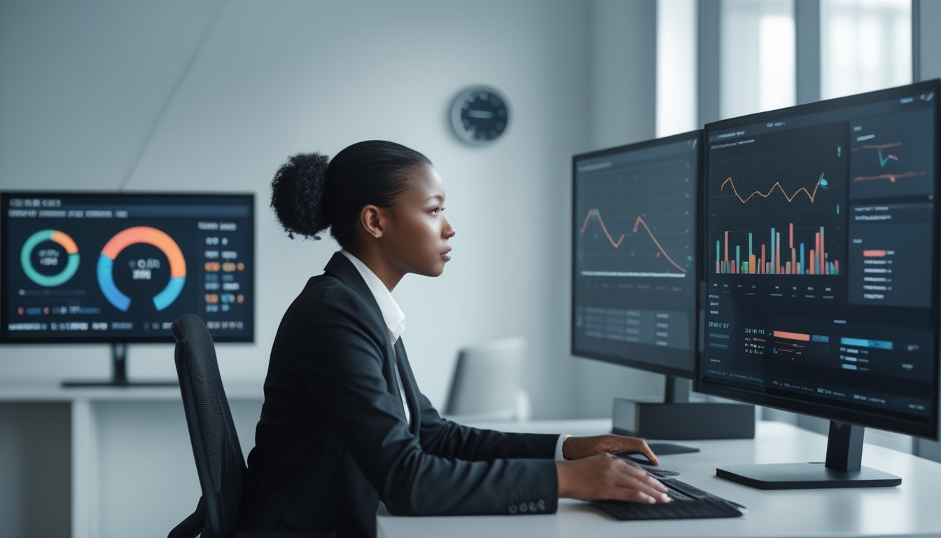Analis memantau grafik data waktu nyata pada komputer di ruang kerja modern.