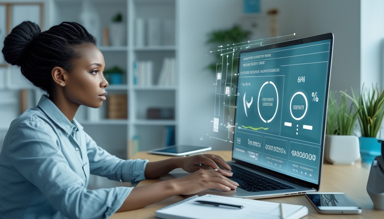Orang dewasa meninjau dashboard analitik dan perencanaan anggaran pada laptop di ruang kerja modern.