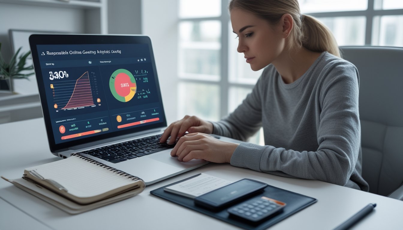 Orang dewasa menganalisis data permainan daring dan mengatur batas anggaran di ruang kerja modern.