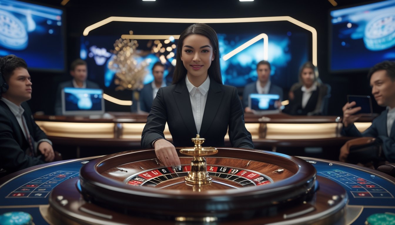 Dealer kasino memutar roda roulette di studio kasino langsung dengan efek cahaya listrik dan penonton melihat melalui perangkat digital.