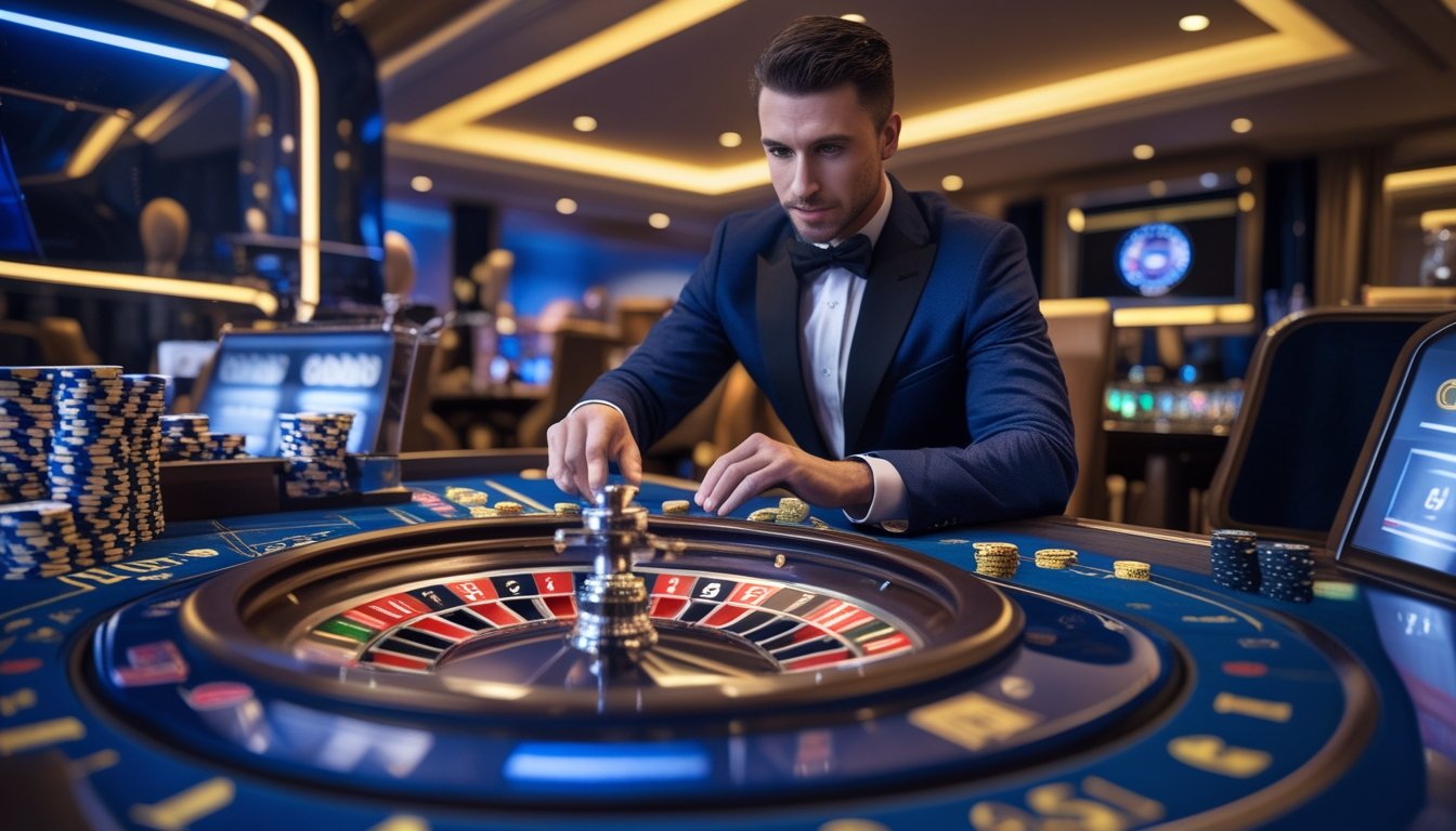 Seorang pemain kasino berbusana elegan mengamati roda roulette bercahaya di meja kasino modern.